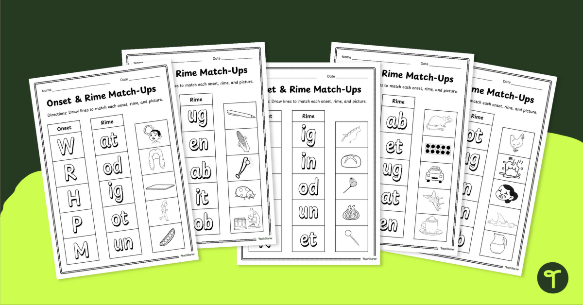 Onset and Rime Match-Ups Worksheet Pack teaching-resource