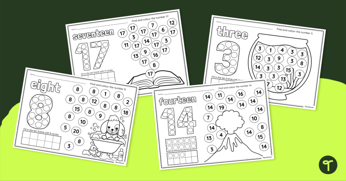 Number Recognition Worksheets — Numbers 1 - 20 teaching resource