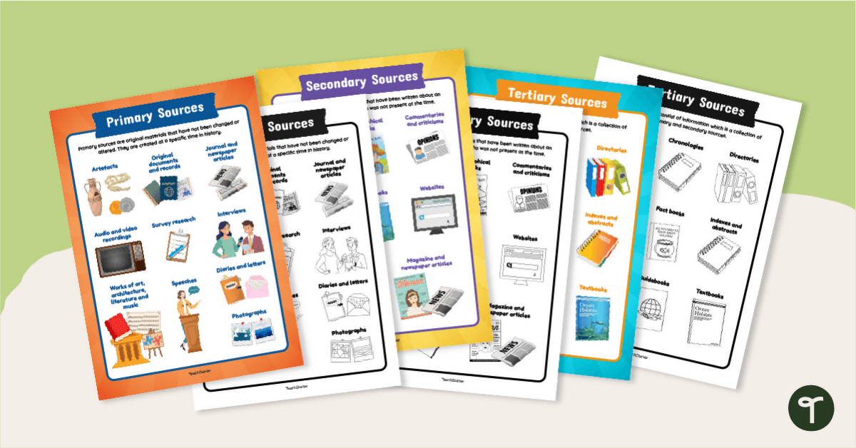 Primary, Secondary & Tertiary Sources Poster Pack teaching resource