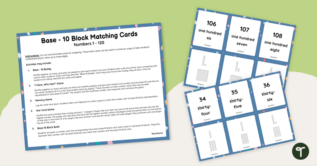 Base Ten Block Matching Cards (Numbers 1 - 120) teaching resource