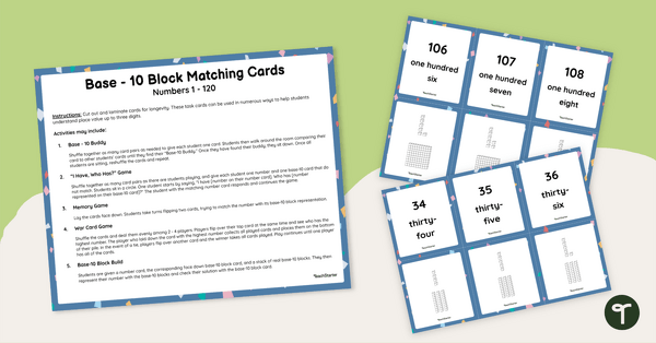 Go to Base Ten Block Matching Cards (Numbers 1 - 120) teaching resource