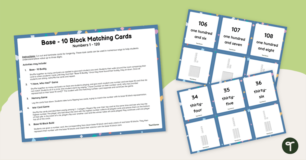 Base Ten Block Matching Cards (Numbers 1 - 120) teaching resource