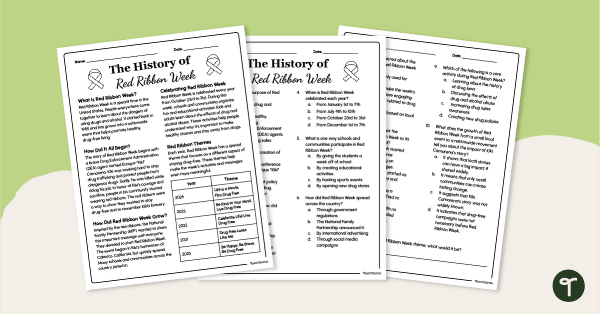 The History of Red Ribbon Week - 4th Grade Reading Worksheet teaching resource