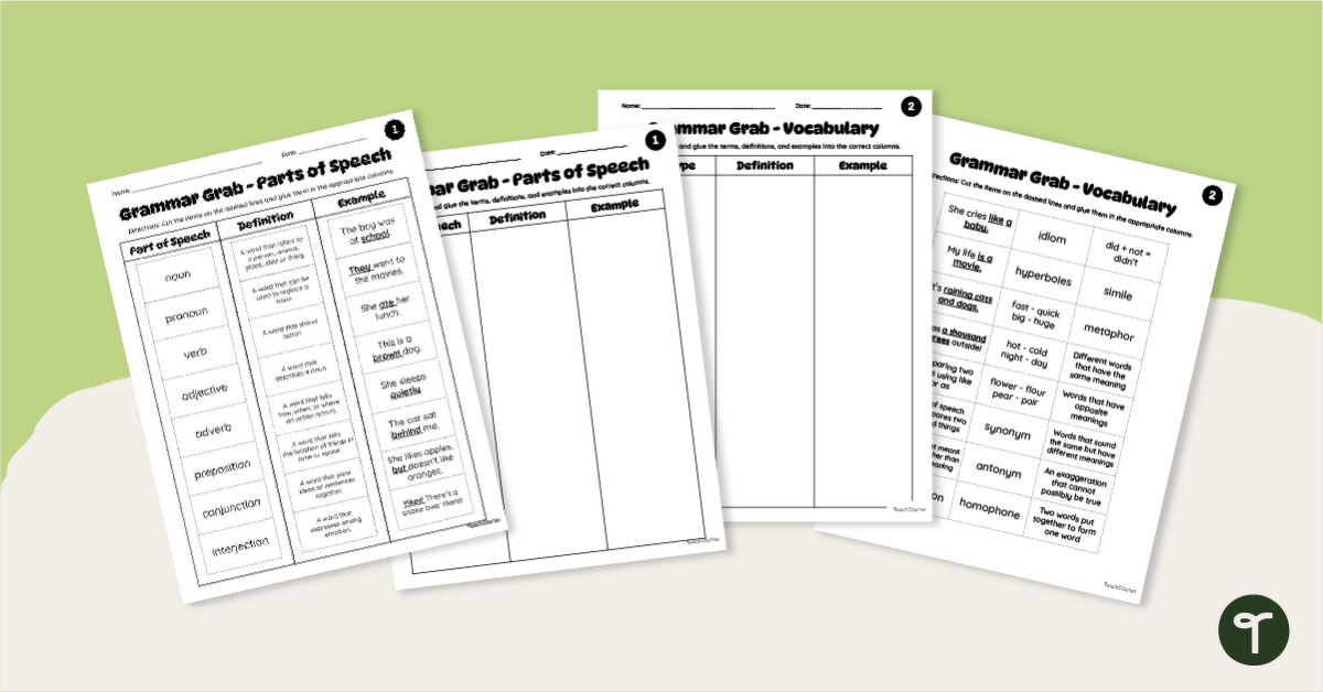 Grammar Practice Worksheets - Vocabulary Cut and Sort teaching resource