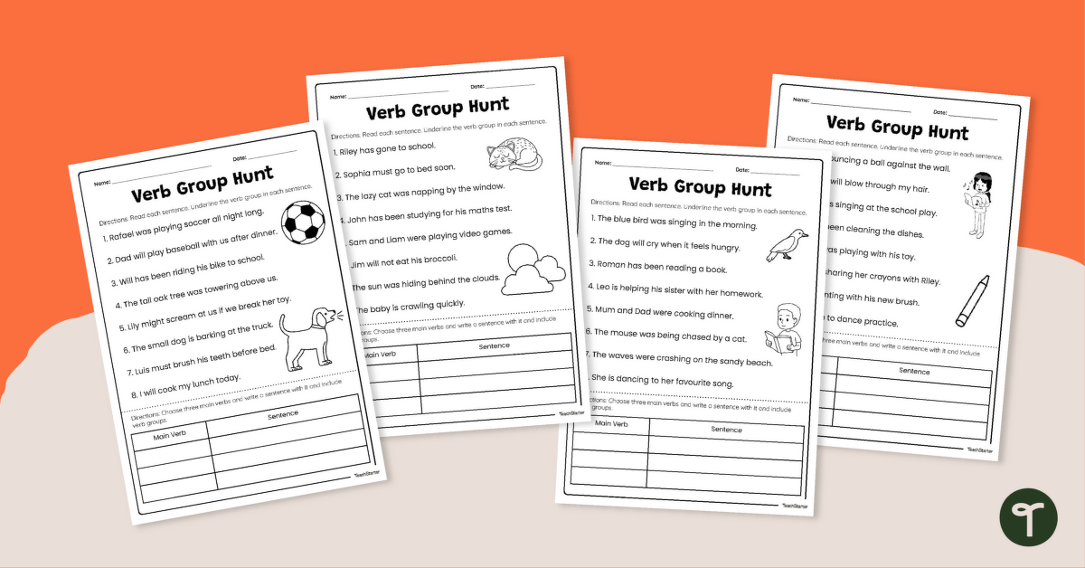 Verb Group Hunt Worksheet Pack teaching resource