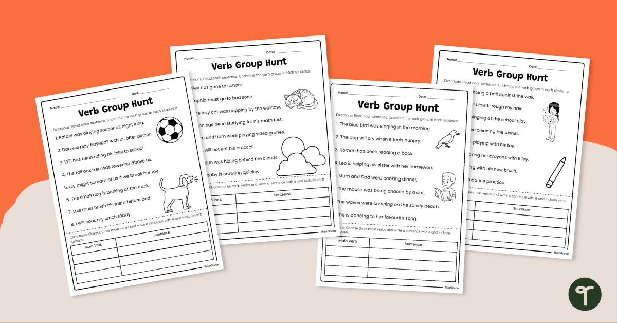 Verb Group Hunt Worksheet Pack teaching resource