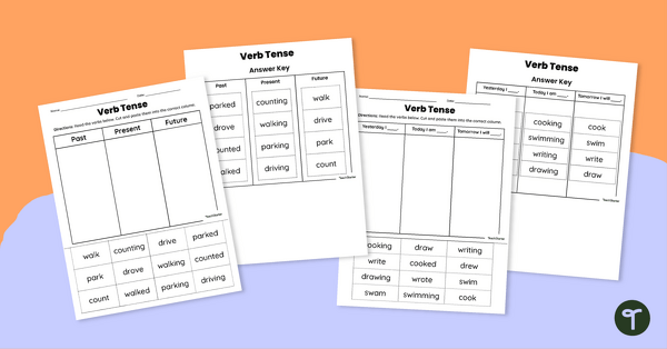 Image of Cut and Paste Matching Verb Tense Worksheet