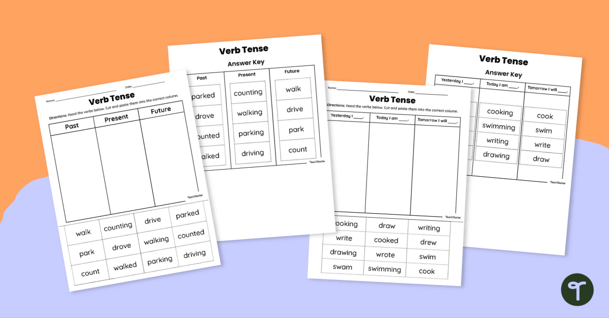 Cut and Paste Matching Verb Tense Worksheet teaching resource