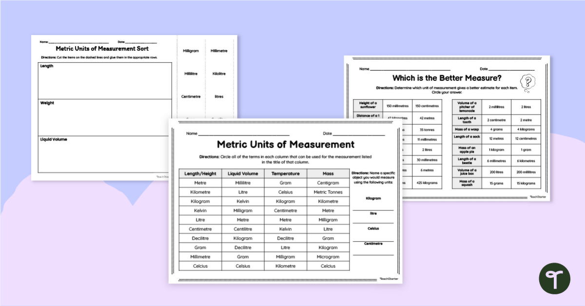 Estimating Units of Measure Worksheet Pack teaching resource