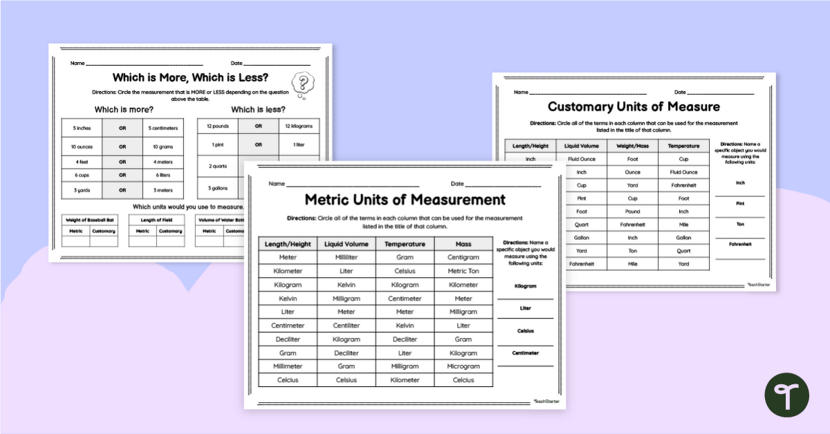 Estimating Units of Measure Worksheet Pack teaching resource