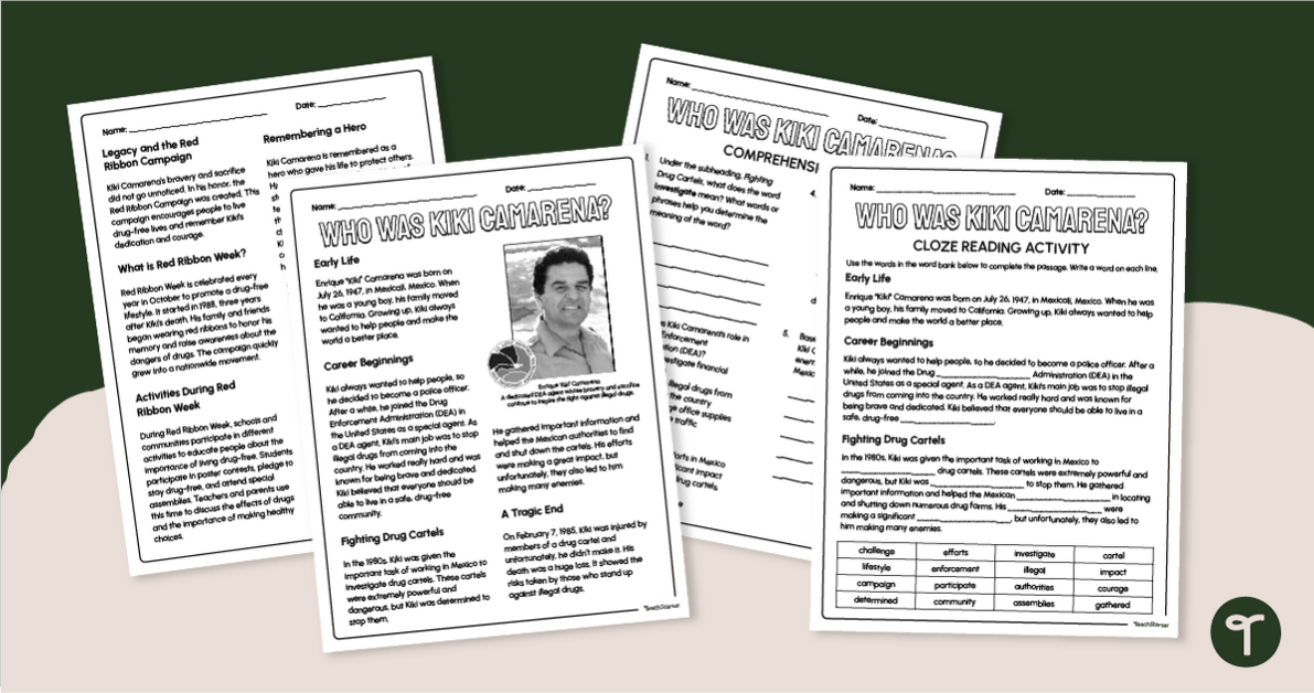 Who Was Kiki Camarena? 3rd Grade Reading Comprehension Worksheets teaching resource