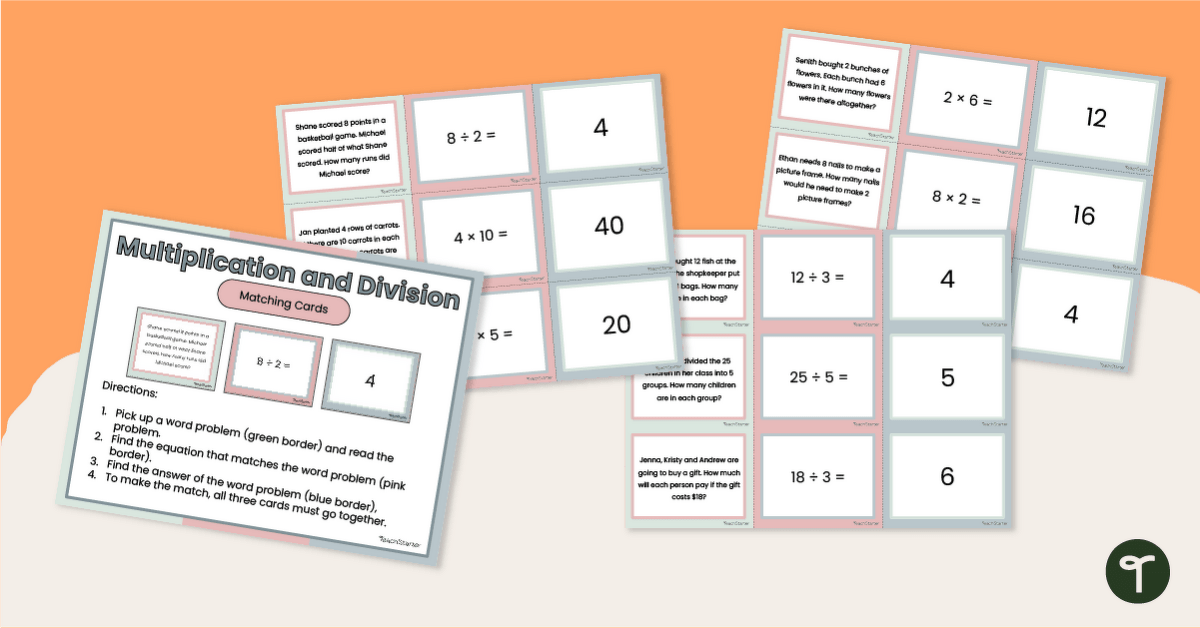 Math Word Problem Match-Up Game - Basic Multiplication and Division teaching resource