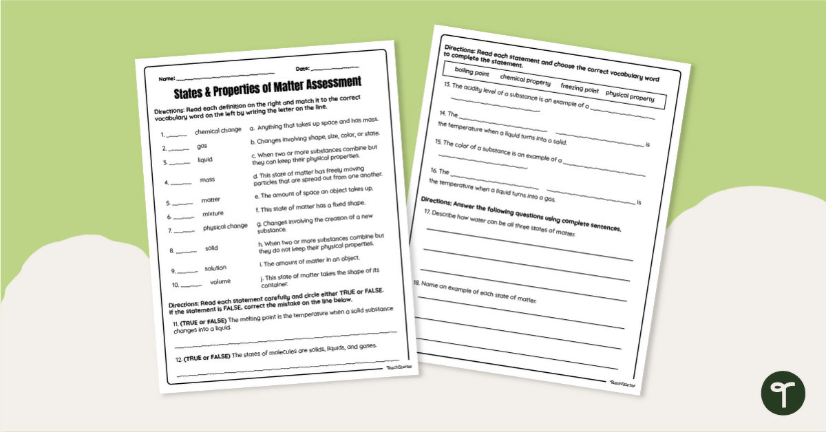 States & Properties of Matter Assessment teaching resource