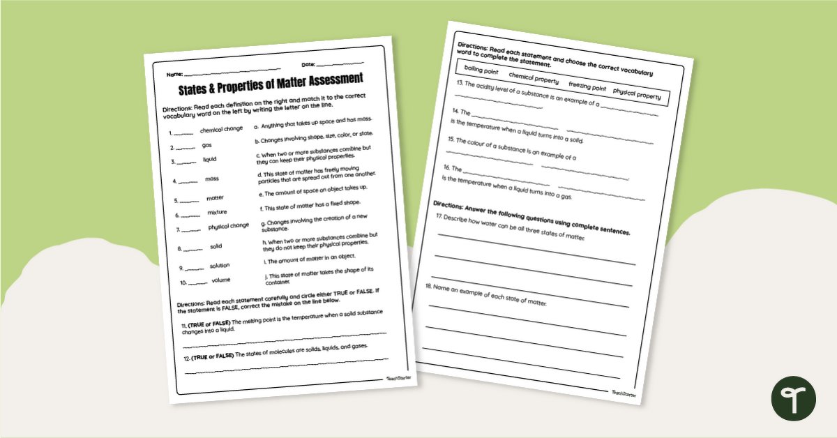 States & Properties of Matter Assessment teaching resource