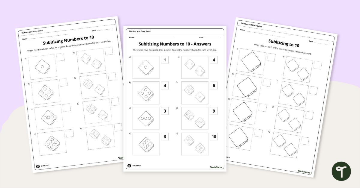 Subitizing Numbers to 10 - Worksheet teaching resource