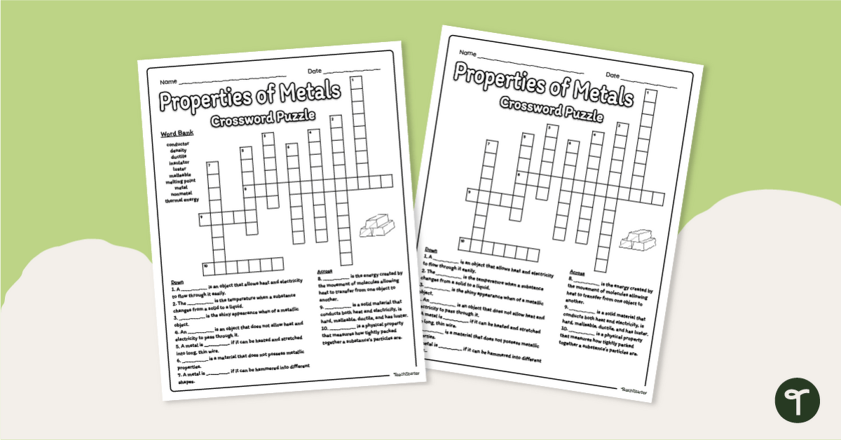 Physical Properties of Metals Crossword Puzzle teaching resource