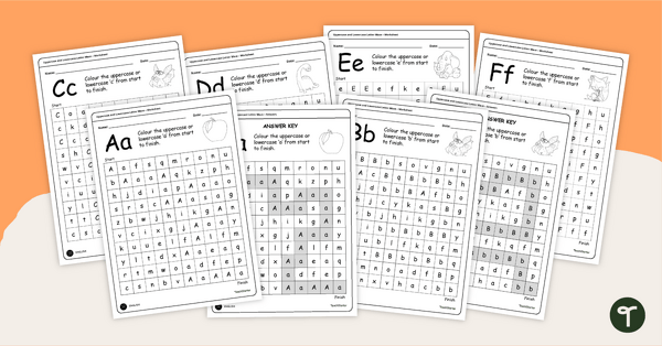 Go to Uppercase and Lowercase Letters Maze Worksheet Set teaching resource