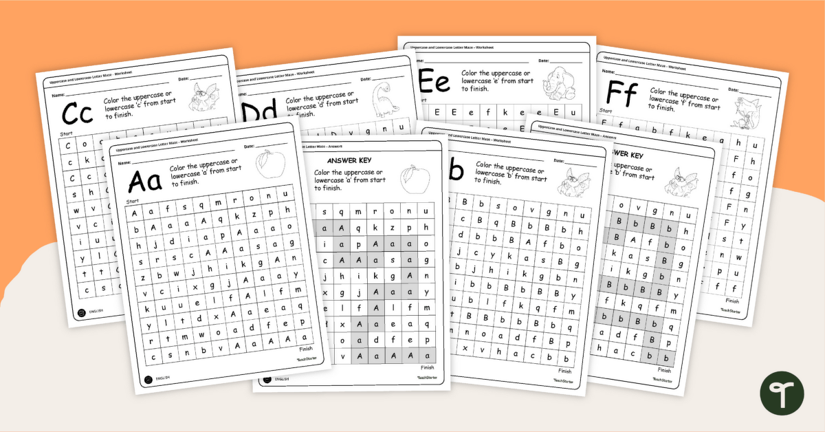 Uppercase and Lowercase Letters Maze Worksheet Set teaching resource