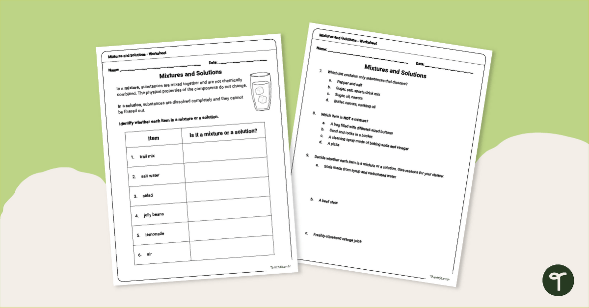 Mixtures and Solutions Worksheet teaching resource