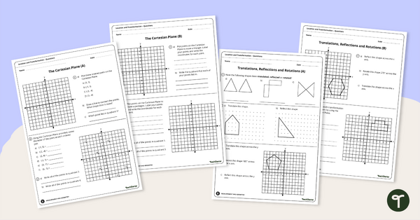 Go to Translations, Reflections and Rotations Worksheet Pack teaching resource