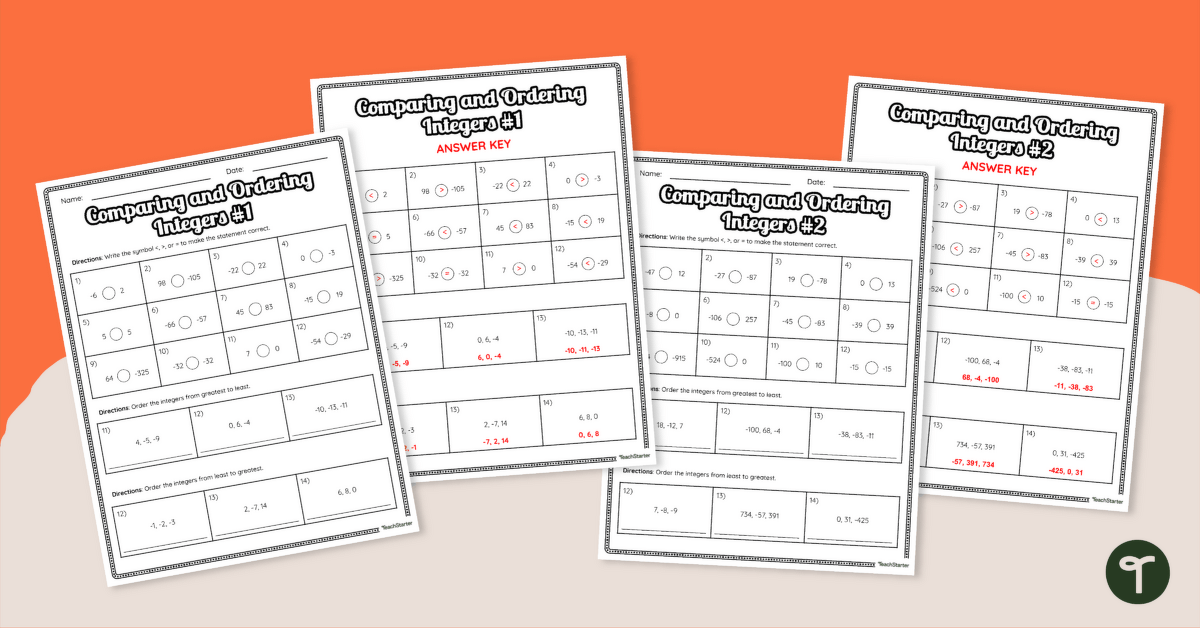 Comparing and Ordering Integers Worksheet Set teaching resource