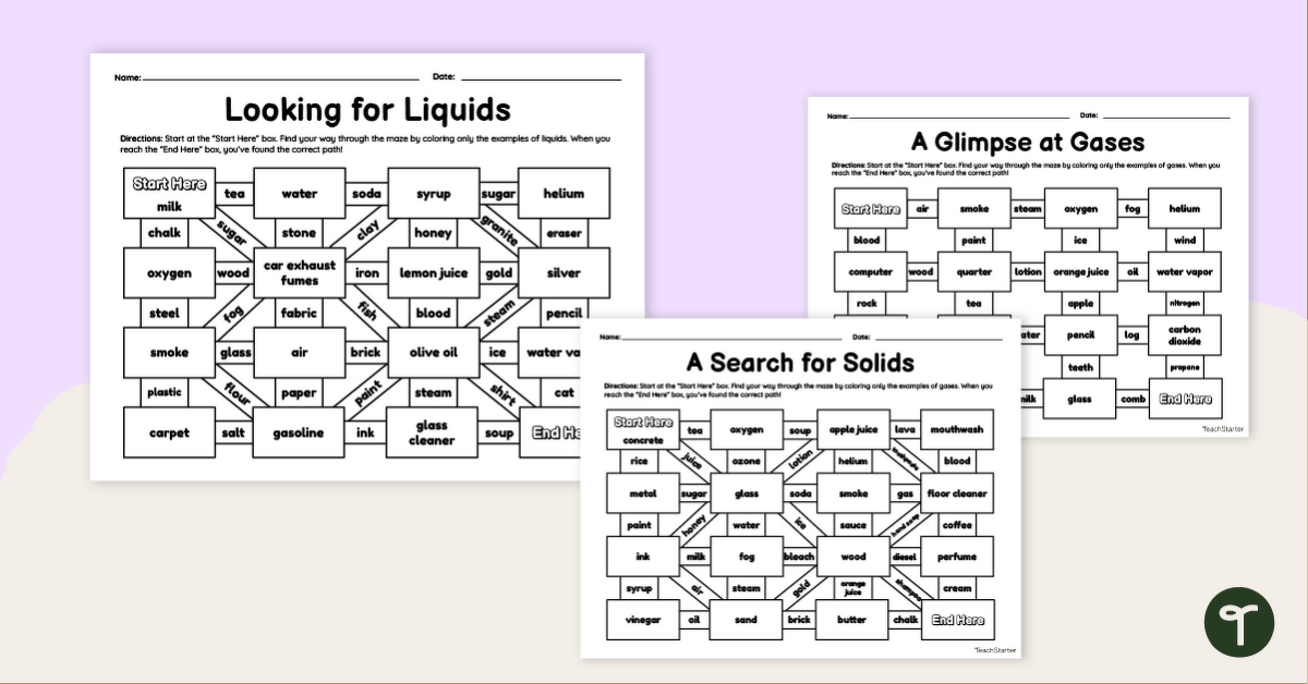 States of Matter Maze Worksheets teaching resource