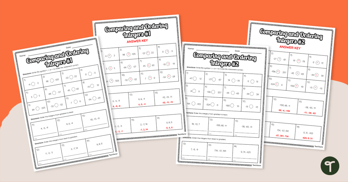 Comparing and Ordering Integers Worksheet Set teaching resource