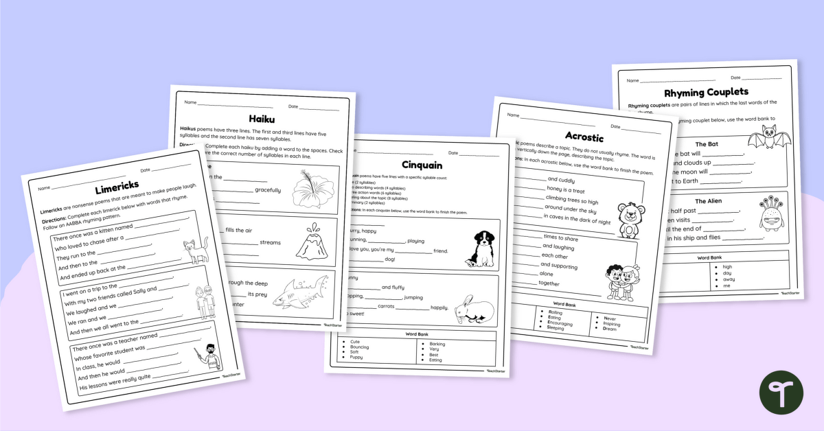 Poetry Cloze Passage Worksheets teaching resource