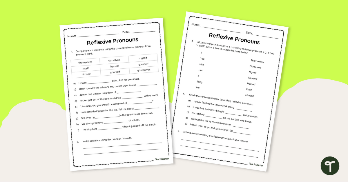 Reflexive Pronoun Worksheet teaching resource