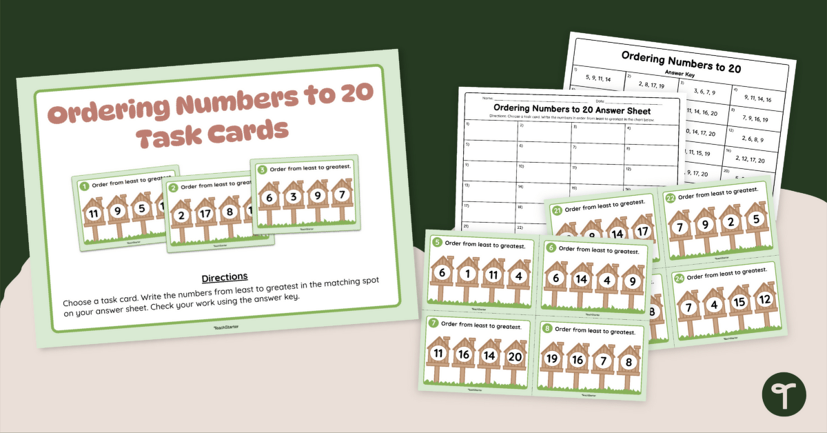 Ordering Numbers 1 - 20 Task Cards teaching resource