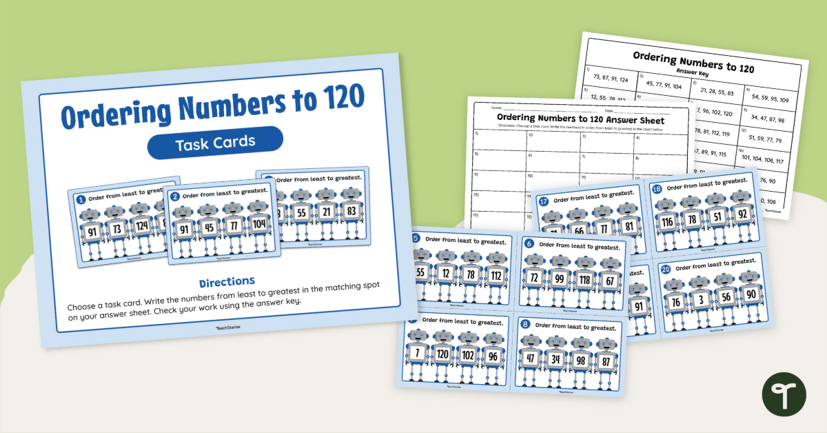 Ordering Two-Digit Numbers Task Cards (Numbers 1 - 120) teaching resource