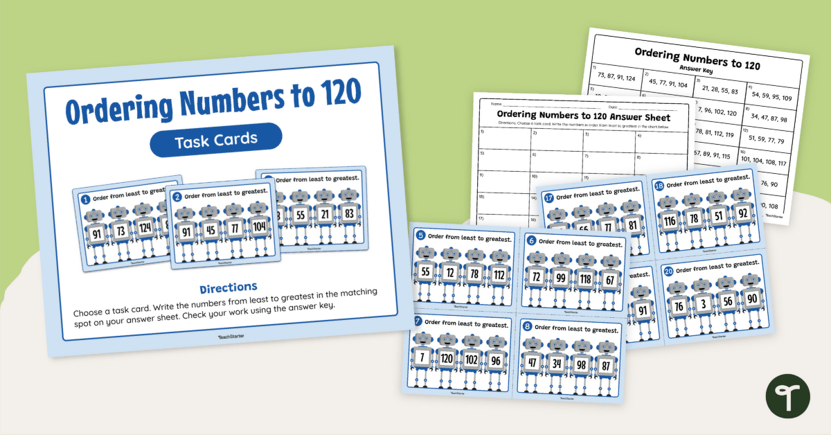 Ordering Two-Digit Numbers Task Cards (Numbers 1 - 120) teaching resource