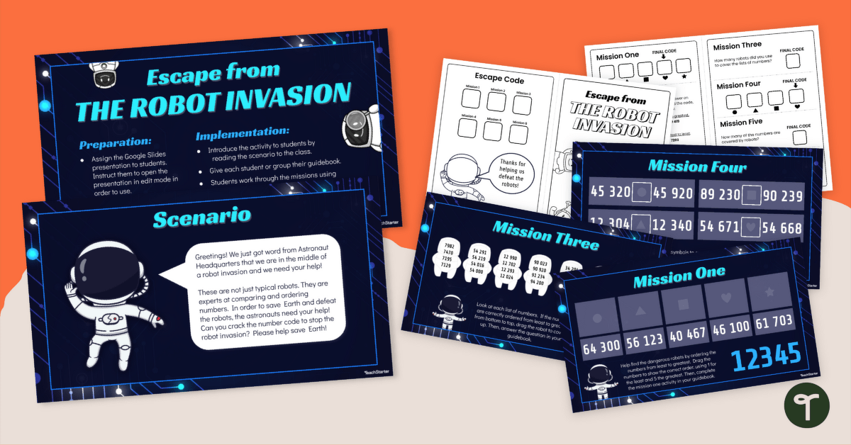 Comparing and Ordering Numbers Game — Escape the Robot Invasion! teaching resource