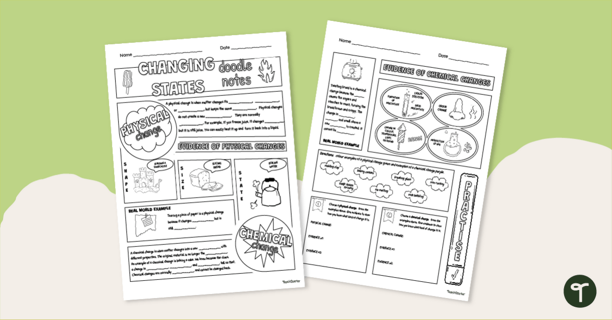 Chemical and Physical Changes in Matter Doodle Notes Template teaching resource