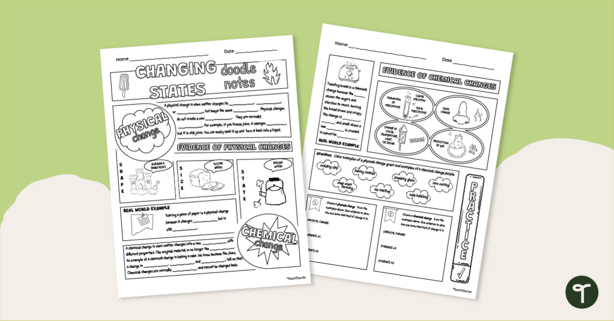 Chemical and Physical Changes in Matter Doodle Notes Template teaching resource