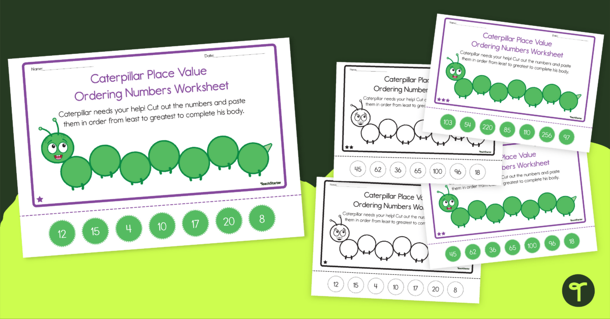 Ordering Numbers Worksheets — Dot Day Caterpillar teaching resource