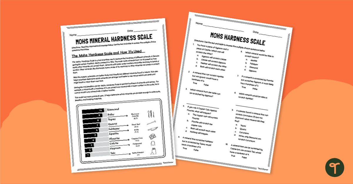 Mohs Hardness Test Worksheet - Identifying Minerals teaching resource