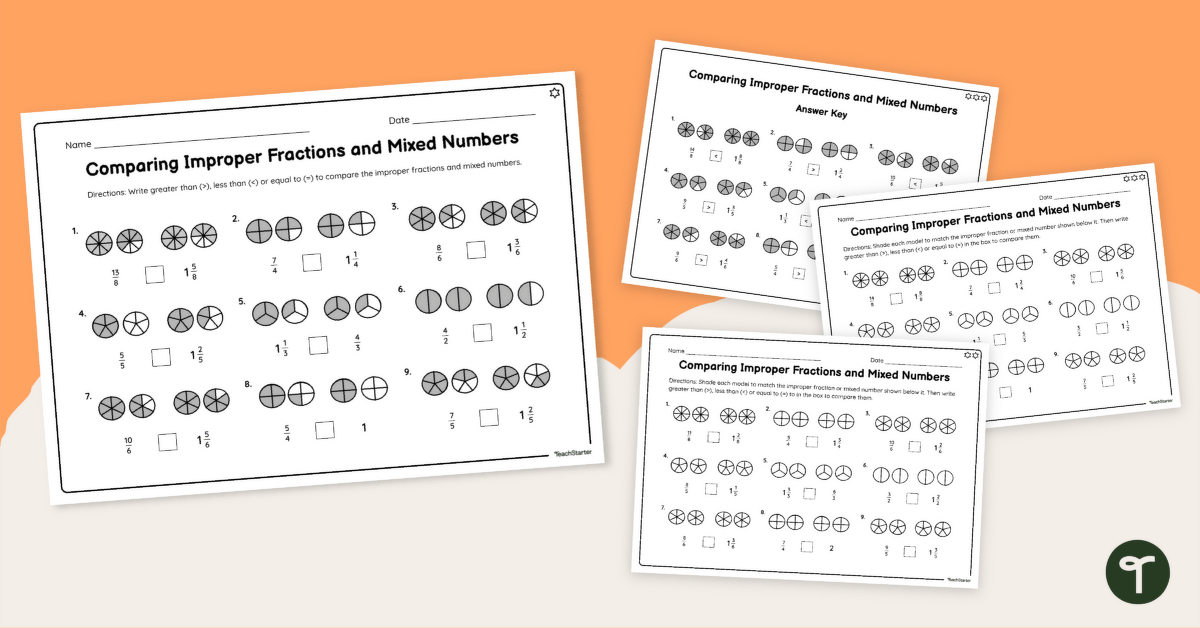 Comparing Improper Fractions to Mixed Numbers Worksheet Set teaching resource