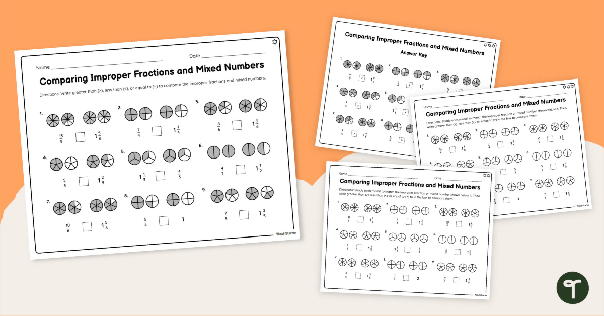 Comparing Improper Fractions to Mixed Numbers Worksheet Set teaching resource