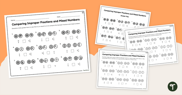 Go to Comparing Improper Fractions to Mixed Numbers Worksheet Set teaching resource