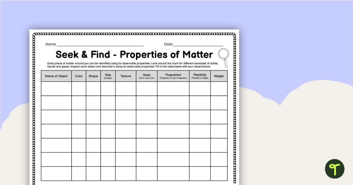 5th Grade Matter Properties Worksheet - Scavenger Hunt teaching resource