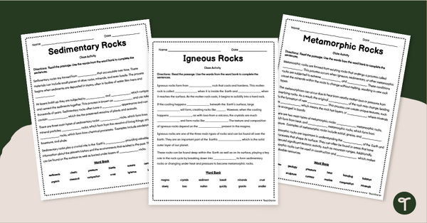 Go to 3 Types of Rocks - Science Cloze Reading Worksheets teaching resource