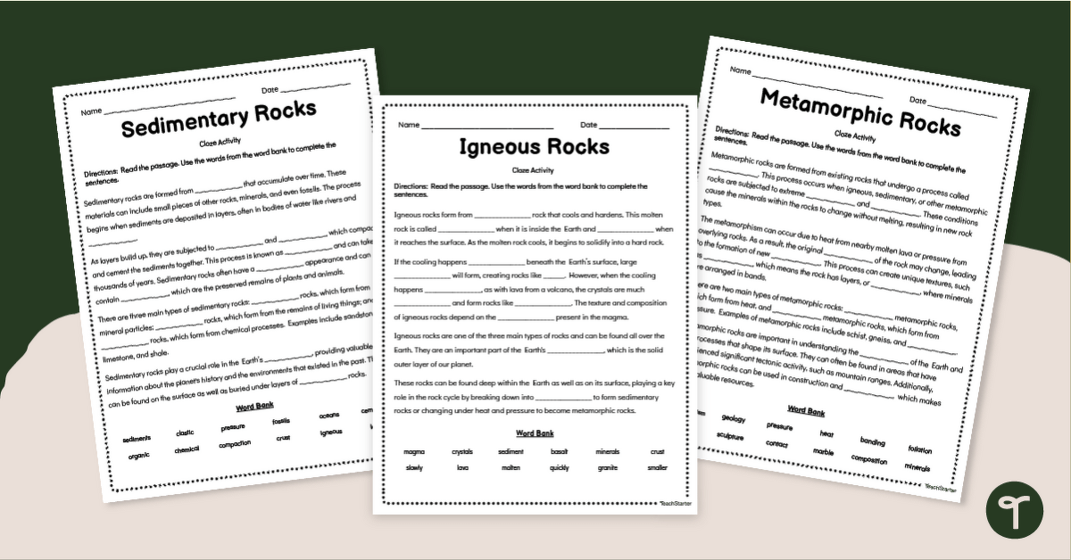 3 Types of Rocks - Science Cloze Passage Worksheets teaching resource