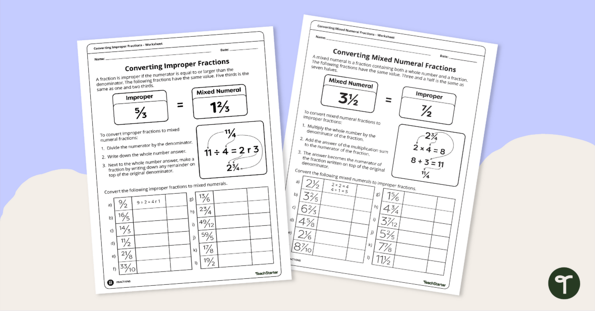 Converting Improper Fractions and Mixed Numbers Worksheet Set teaching resource