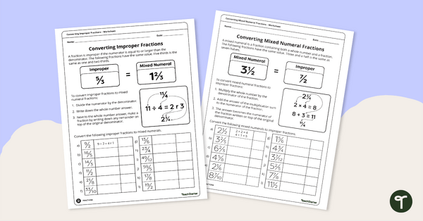 Go to Converting Improper Fractions and Mixed Numbers Worksheet Set teaching resource