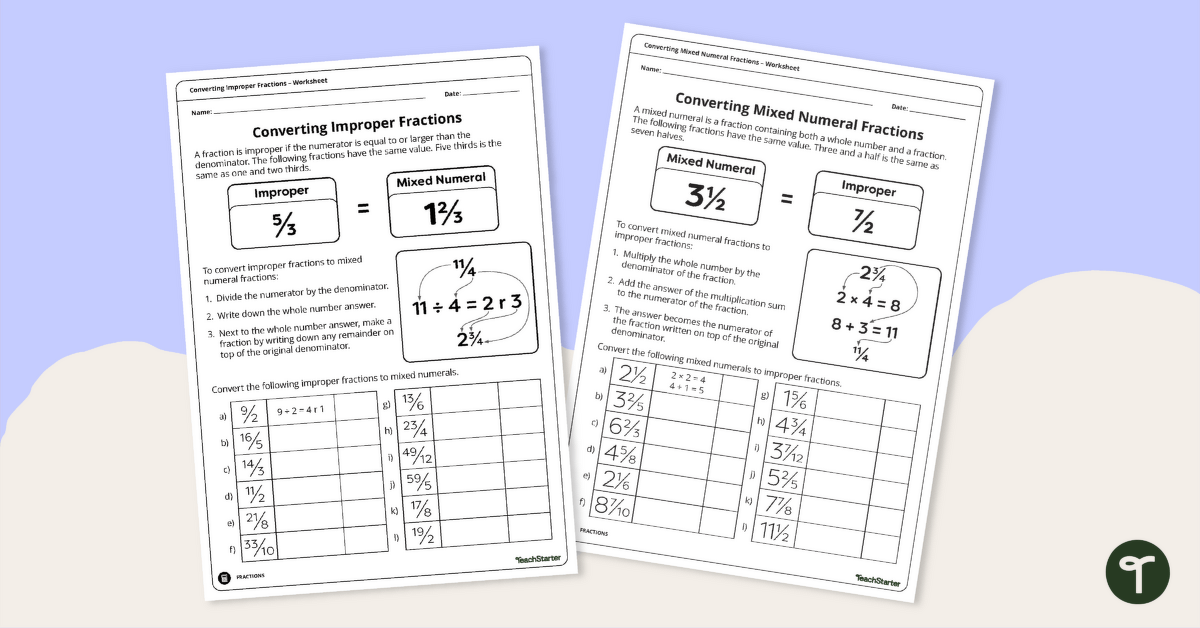 Converting Improper Fractions and Mixed Numbers Worksheet Set teaching resource