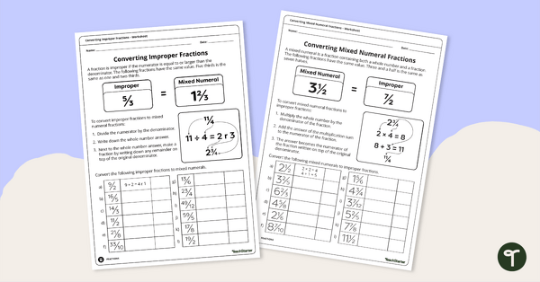 Go to Converting Improper Fractions and Mixed Numbers Worksheet Set teaching resource