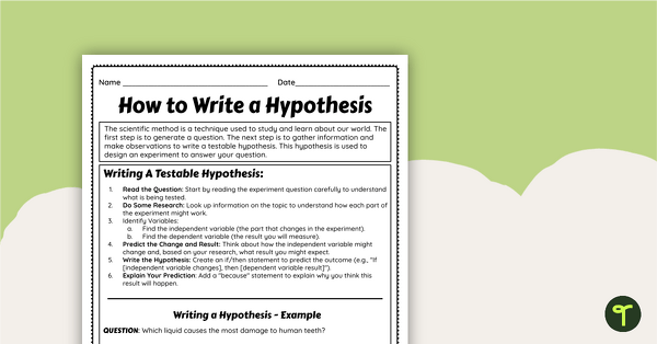 How to Write a Hypothesis Worksheet teaching resource