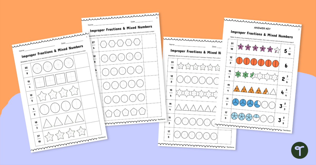 Changing Improper Fractions to Mixed Numbers Worksheet Set teaching resource