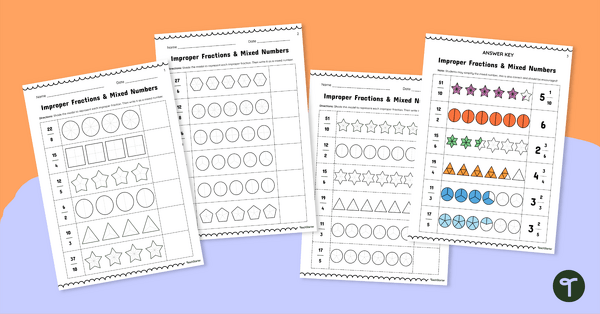 Go to Changing Improper Fractions to Mixed Numbers Worksheet Set teaching resource